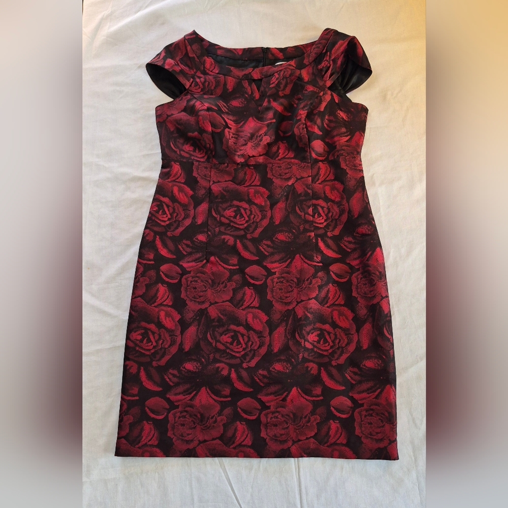 Liz Claiborne Elegant Red And Black Lined Floral Dress Size 16